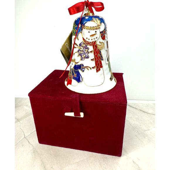 NWT 2002 Dillards Cloisonne 5" Bell Christmas Ornament Velvet Box Santa Snowman - Picture 2 of 8